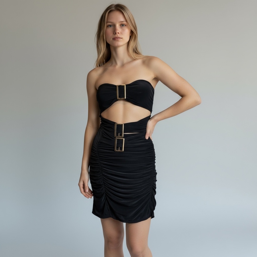 PrettyLittleThing Black Slinky Buckle Bandeau Cut Out Mini Bodycon Club Dress